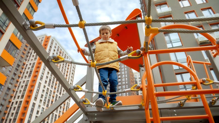 View from the ground on little boy walking over the rope bridge at new public playground. Active child, sports and development, kids playing outdoors.の写真素材