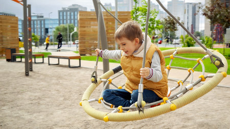 Happy boy sitting in the nest swing and having fun in public school playground. Active child, sports and development, kids playing outdoorsの写真素材