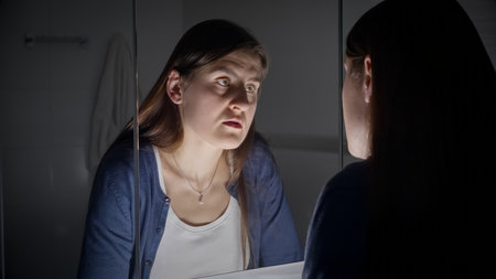 Upset and tired woman looking at her reflection in mirror. Concept of depression, suicide, stress, mental illness, loneliness and frustrationの写真素材
