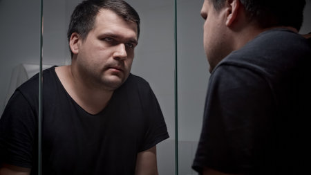 Upset man leaning on sink and looking in mirror at bathroom. Concept of depression, suicide, stress, mental illness, loneliness and frustrationの写真素材