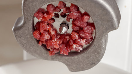 Closeup of minced meat flowing out of meat grinder. Cooking at home, kitchen appliance, healthy nutrition, hamburger ingredientsの写真素材