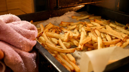 Closeup of taking baking pan with french fries potato out of ovenの写真素材