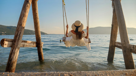 Rear view of young elegant woman in dress relaxing on beach at sunset and swinging on swing. Tourism, summertime, holiday and vacation on beachの写真素材