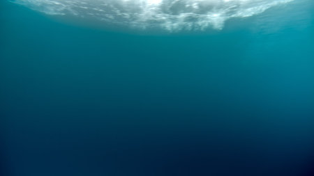 Underwater background of sun shining through water surface and sea waves going past.の写真素材
