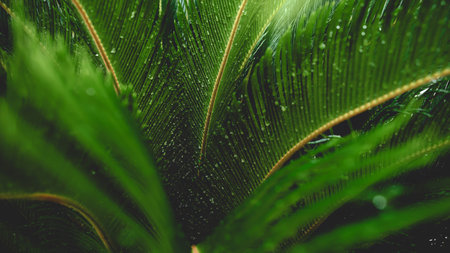 Toned shot of light rays shining through green tropical leaves in rainforest covered in dew and water droplets.の写真素材