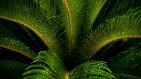 Macro image of green exotic palm tree or plant leaves covered with small water droplets. Abstract natural background.の写真素材