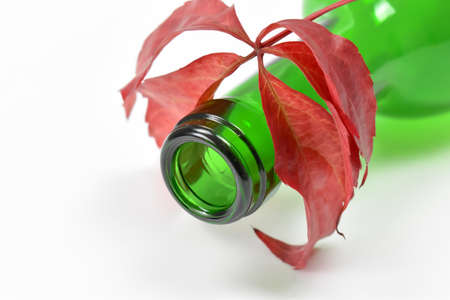 Green glass bottle and red leaves.の写真素材