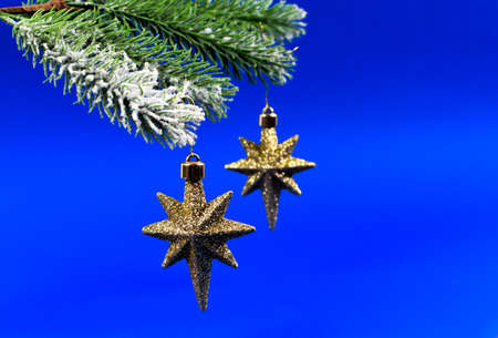 Green Christmas tree branches with colorful Christmas decorations.の写真素材
