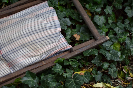 A vertical shot of a wooden tray with a blanket on the grassの写真素材