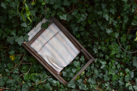 Top view of a wooden tray with a linen tablecloth in the gardenの写真素材