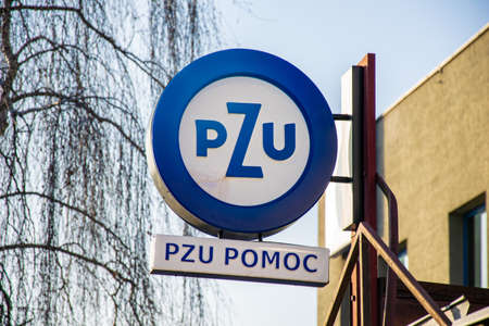 Przemierowo, Poland - 08/02/2020 - the logo of the PZU insurance company in Przemierowoのeditorial素材