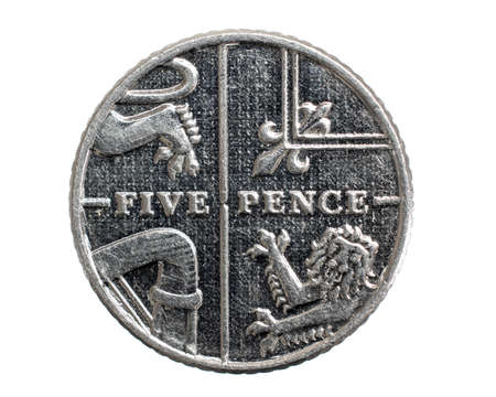 5 pence coin on a white isolated background
