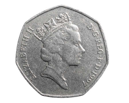 50 pence coin on a white isolated backgroundの写真素材