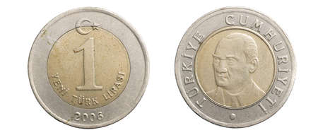 Turkish 1 lira coin on white isolated backgroundの写真素材