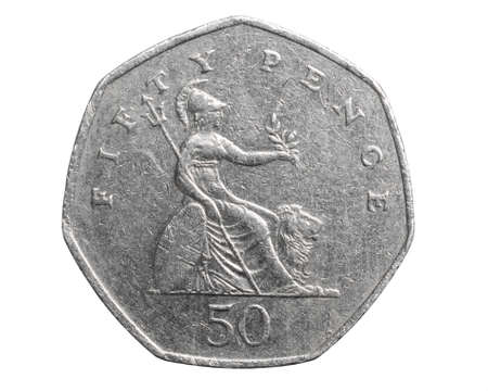50 pence coin on a white isolated backgroundの写真素材