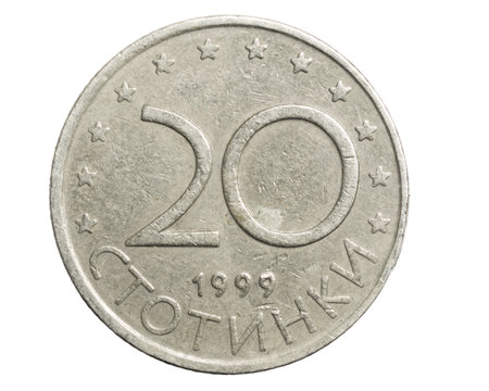 20 bulgarian stotinki coin on a white isolated backgroundの写真素材