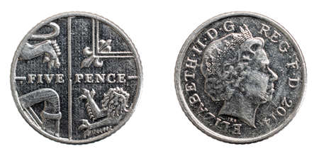 5 pence coin on a white isolated backgroundの写真素材