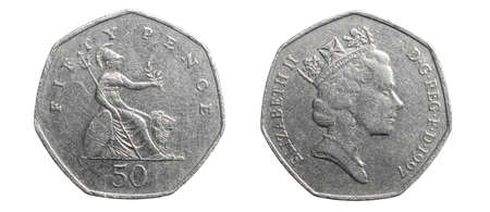50 pence coin on a white isolated backgroundの写真素材