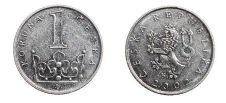 Czech republic one krone coin on white isolated backgroundの写真素材