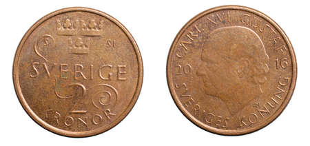 2 swedish kroner coin isolated on white backgroundの写真素材