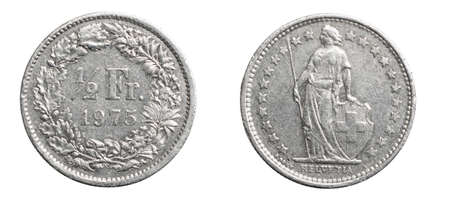 half Swiss Franc coin isolated on white backgroundの写真素材