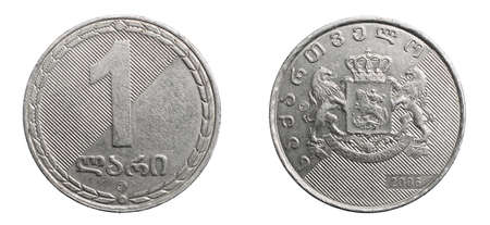 one Georgian lari coin isolated on white backgroundの写真素材