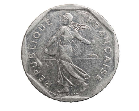 two french franc coin isolated on white backgroundの写真素材