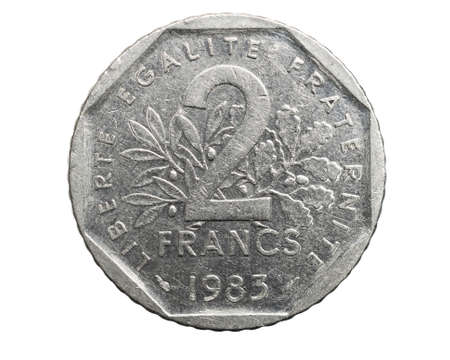 two french franc coin isolated on white backgroundの写真素材