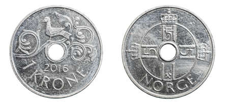 one Danish krone coin isolated on white backgroundの写真素材