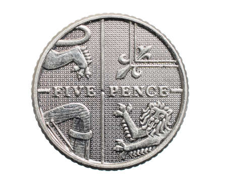 five pence coin isolated on white backgroundの写真素材