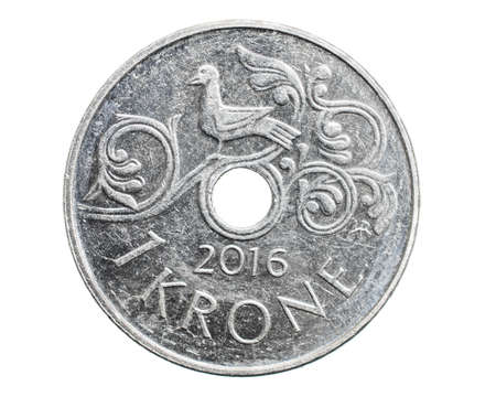 one Danish krone coin isolated on white backgroundの写真素材