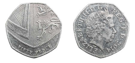 fifty pence coin isolated on white backgroundの写真素材