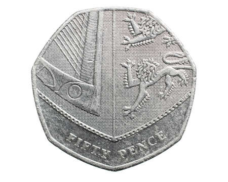 fifty pence coin isolated on white backgroundの写真素材