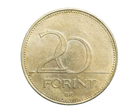 twenty Hungarian forint coin isolated on white backgroundの写真素材