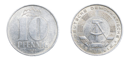 ten German pfennig coin isolated on white backgroundの写真素材