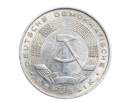 ten German pfennig coin isolated on white backgroundの写真素材