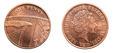 one penny coin isolated on white backgroundの写真素材
