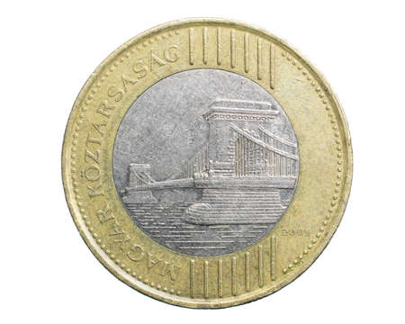 two hundred Hungarian forint coin isolated on white backgroundの写真素材