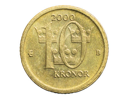 ten swedish kroner coin isolated on white backgroundの写真素材
