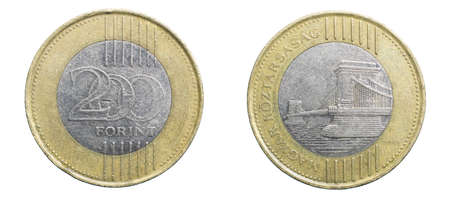 two hundred Hungarian forint coin isolated on white backgroundの写真素材