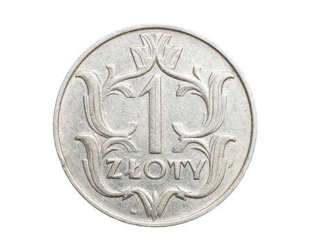 one Polish zloty coin on a white isolated backgroundの写真素材