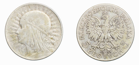 five Polish zloty coin on a white isolated backgroundの写真素材