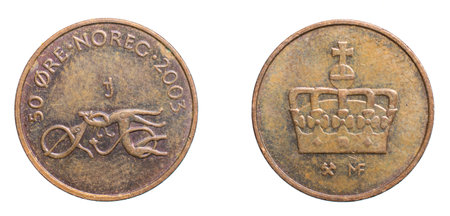 fifty swedish ore coin on a white isolated backgroundの写真素材