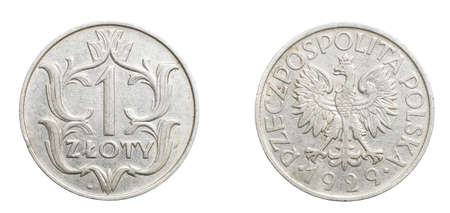 one Polish zloty coin on a white isolated backgroundの写真素材