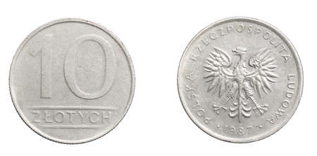 ten Polish zloty coin on a white isolated backgroundの写真素材