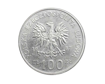 one hundred Polish zloty coin on a white isolated backgroundの写真素材