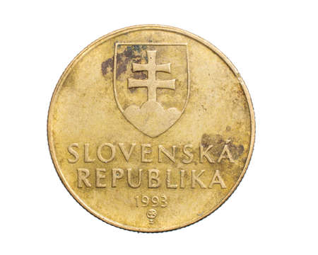 one slovak koruna coin on white isolated backgroundの写真素材