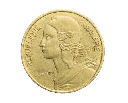 five france centimes coin on a white isolated backgroundの写真素材