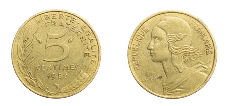 five france centimes coin on a white isolated backgroundの写真素材