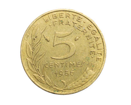 five france centimes coin on a white isolated backgroundの写真素材